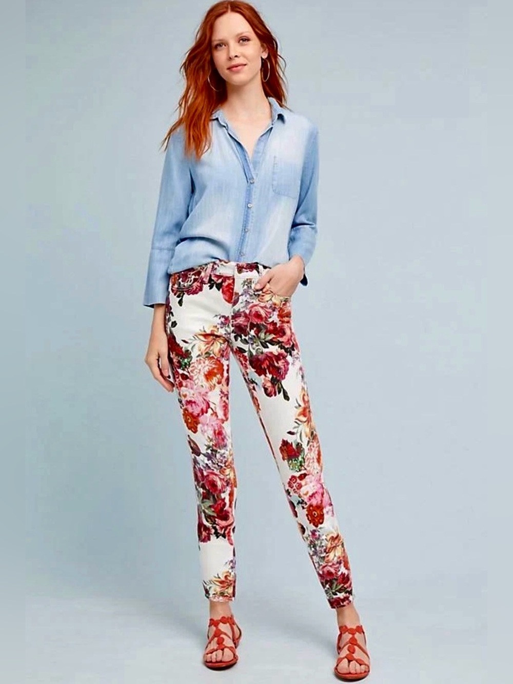 Pilcro Anthropologie Floral Skinny Ankle Jeans Size 25 White Stretch Denim